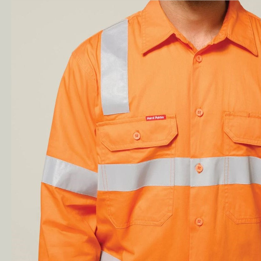 Hard Yakka Y04265 Biomotion Hi Vis Taped Cotton Drill Shirt