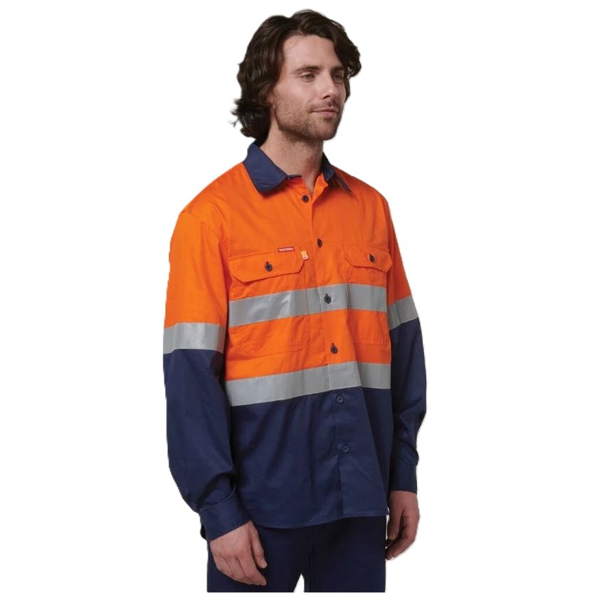 Person wearing a high-visibility orange and navy shirt on a white background