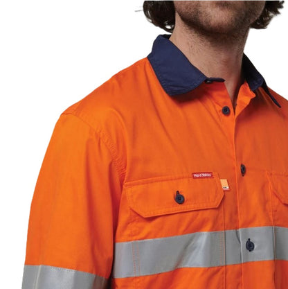 Orange work shirt with reflective stripes and a brand logo on a white background