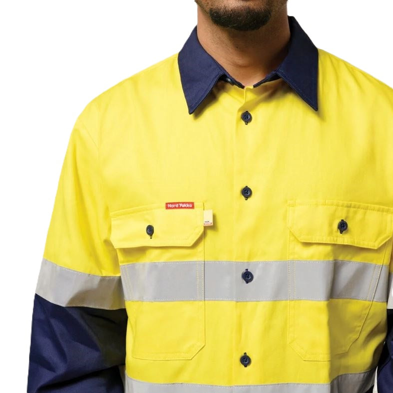 Hard Yakka Y07990 Mens HiVis Cotton Drill Shirt Taped Long Sleeve