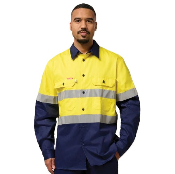 Hard Yakka Y07990 Mens HiVis Cotton Drill Shirt Taped Long Sleeve