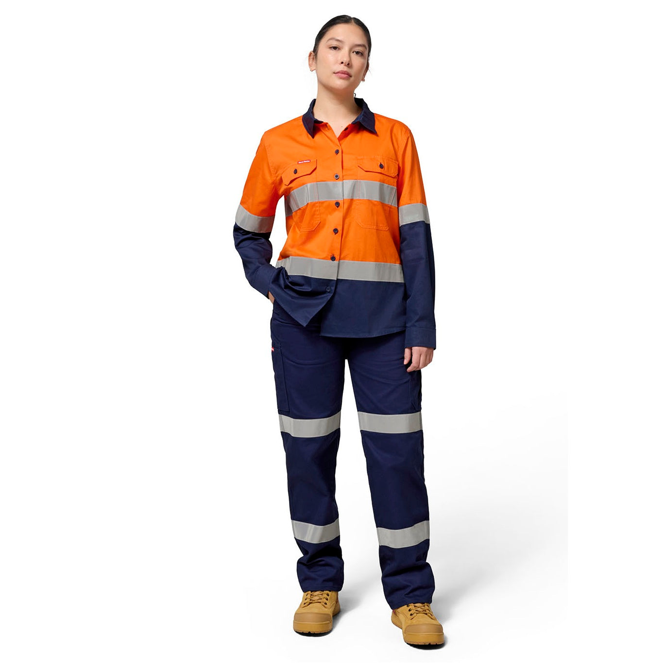 Hard Yakka Y08805 Core Womens HiVis Lightweight 2-Tone Taped Shirt - Yellow/Khaki - Alternative Front View