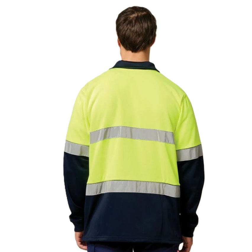 Person wearing a high-visibility safety jacket with reflective stripes on a white background
