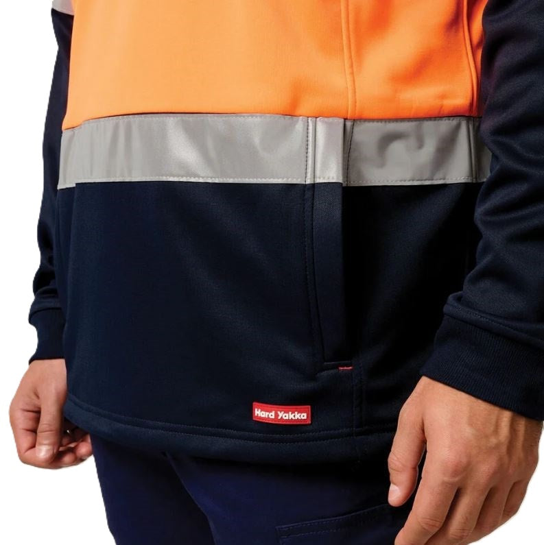 Navy and orange safety jacket with reflective strip on a white background
