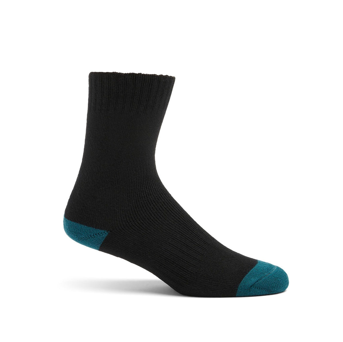 Black sock with teal accents on a white background