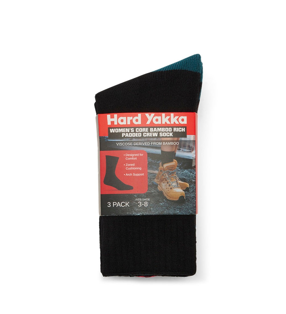 Pack of Hard Yakka women's black socks with packaging on a white background