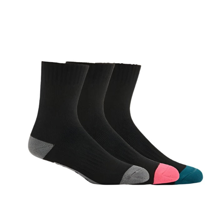 Set of black socks with colorful toes on a white background