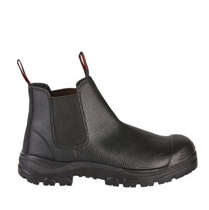 Black leather boot with a thick sole on a white background
