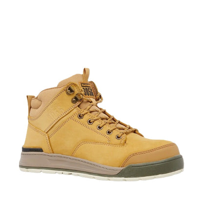 Yellow hiking boot with a white background