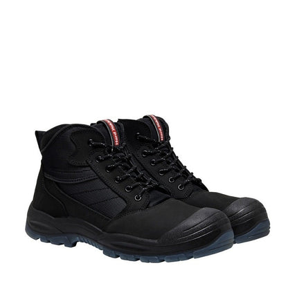 Black hiking boots with red accents on a white background