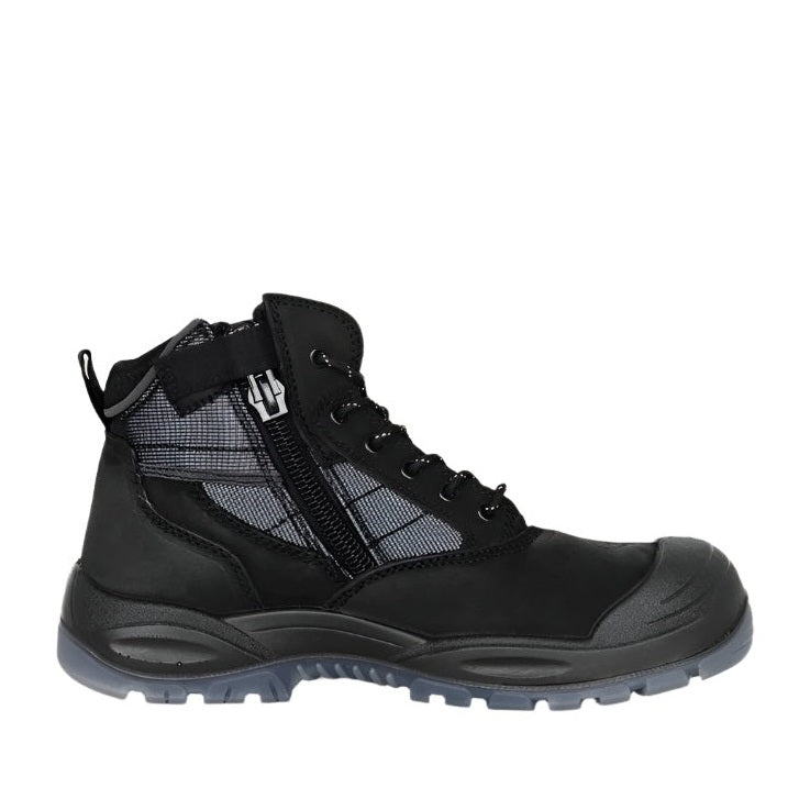 Black high-top sneaker with a zipper on a white background