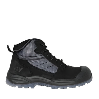Black high-top sneaker with mesh side panel on a white background