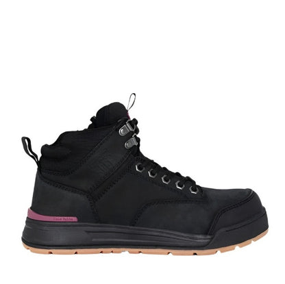 Black hiking boot with a pink accent on a white background