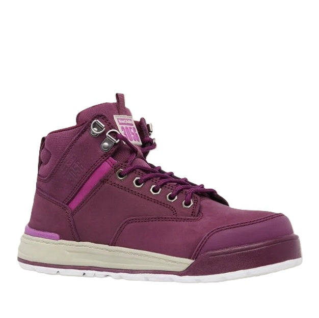 Purple high-top sneaker with a white sole on a white background