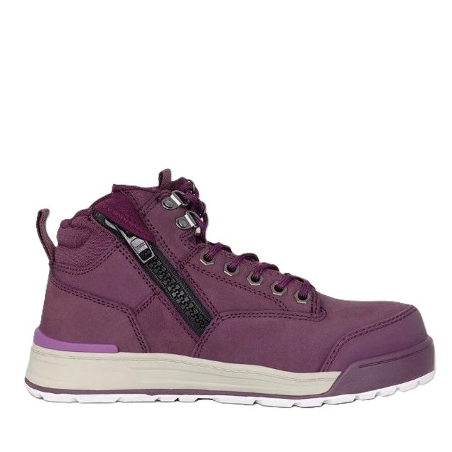 Purple high-top sneaker with a white sole on a white background