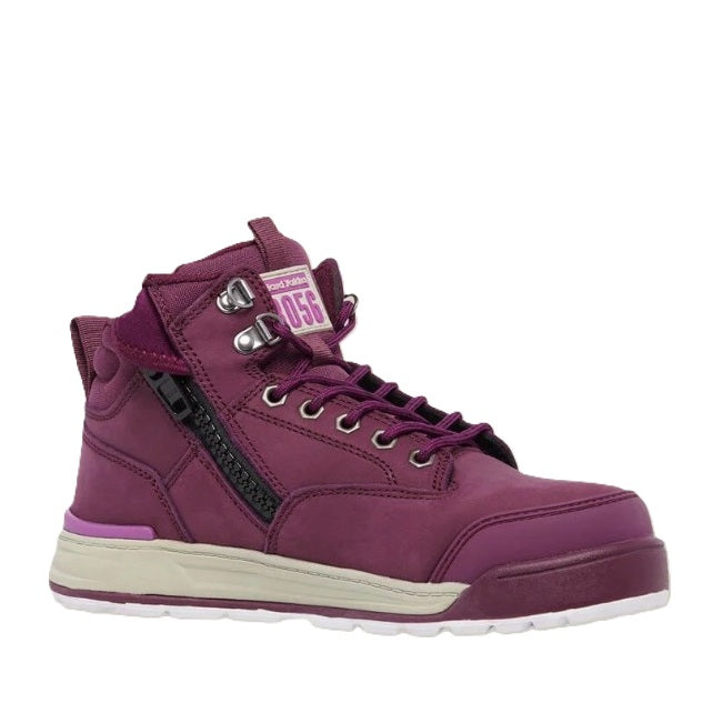 Purple high-top sneaker with a white sole on a white background
