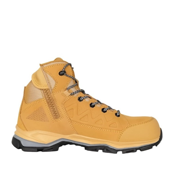 Yellow hiking boot with black laces on a white background