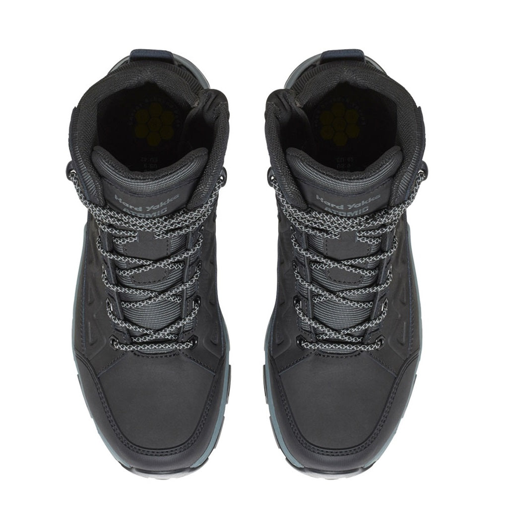 Pair of gray high-top boots with textured laces on a white background