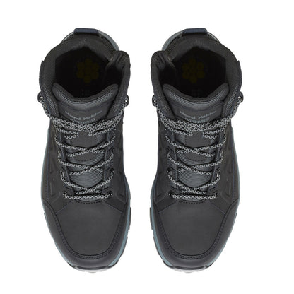 Pair of gray high-top boots with textured laces on a white background