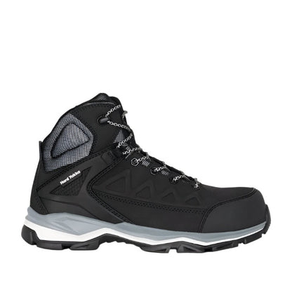 Black hiking boot with gray sole on a white background