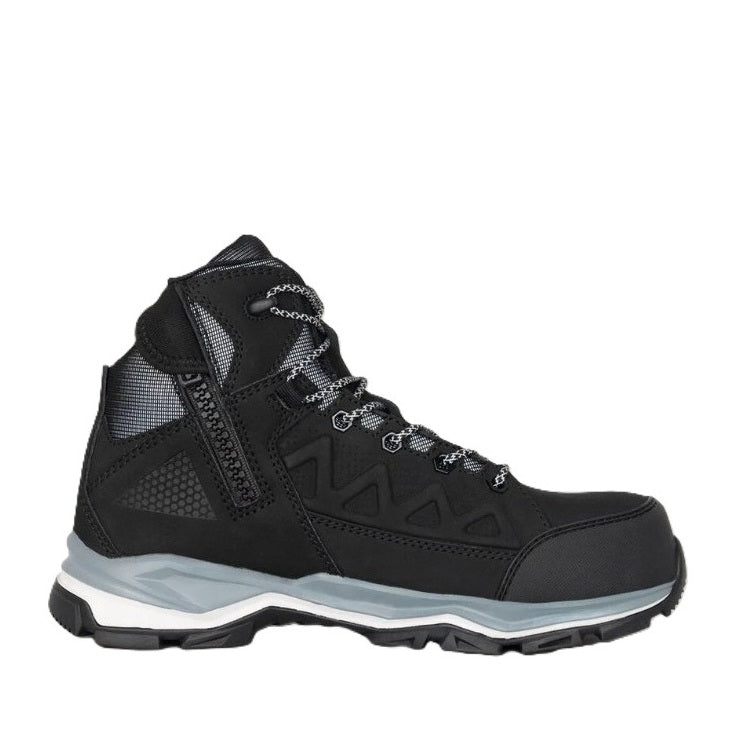 Black hiking boot with gray sole on a white background