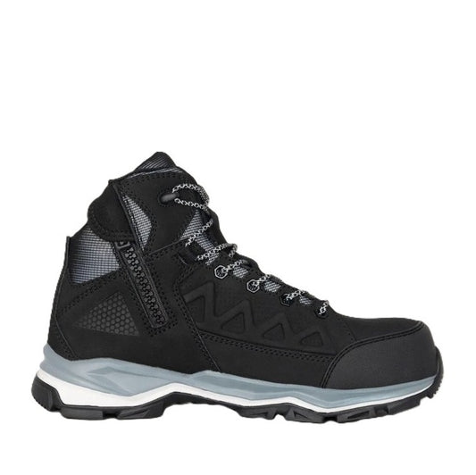Black hiking boot with gray sole on a white background