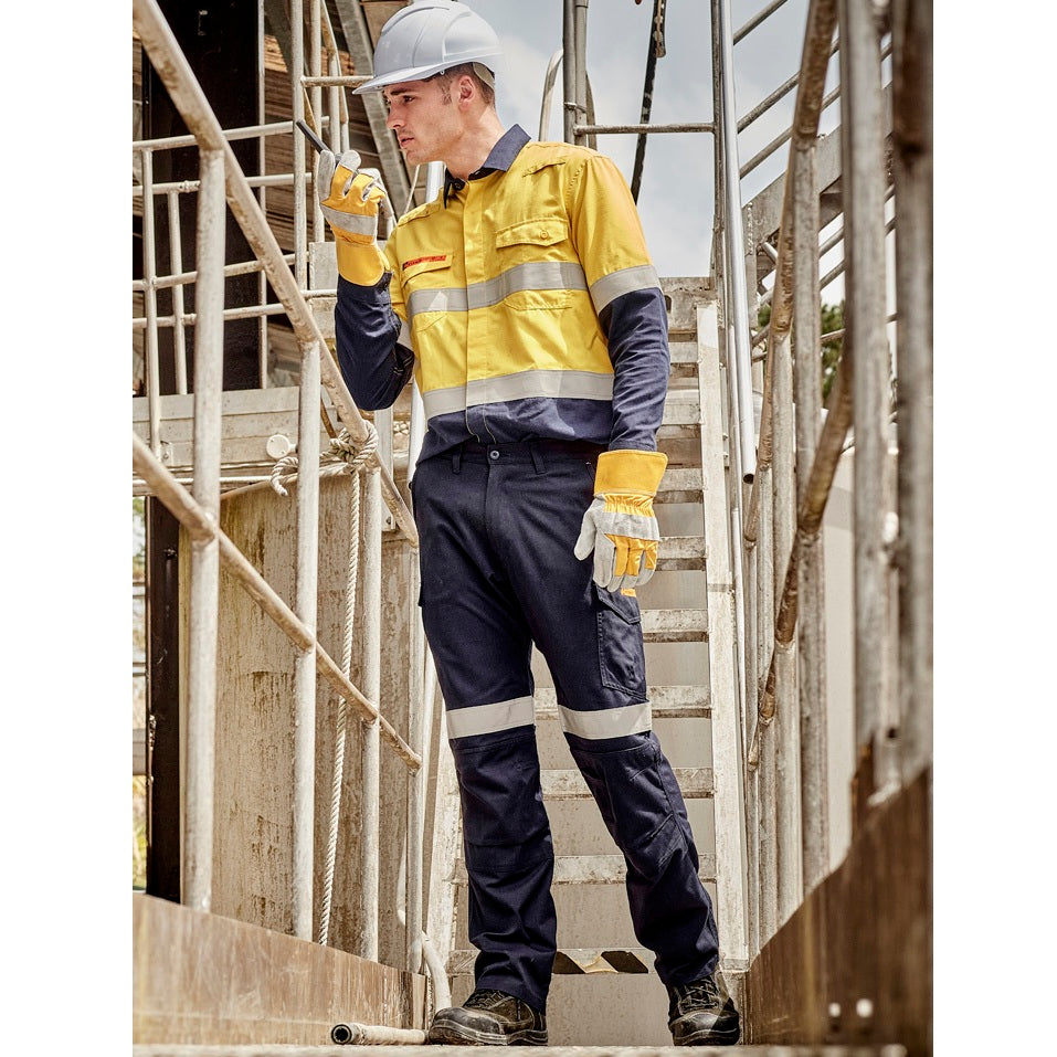 hi vis navy reflective pants with yellow shirt on building site