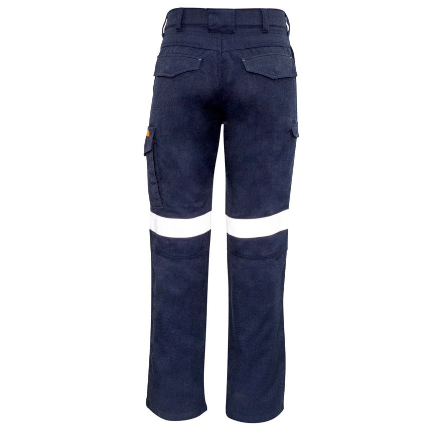 Navy work pants with reflective stripes on a white background
