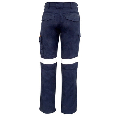 Navy work pants with reflective stripes on a white background