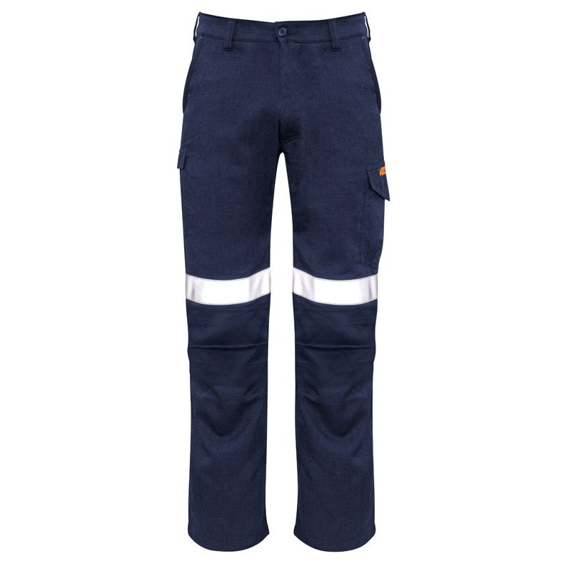 Navy work pants with reflective stripes on a white background
