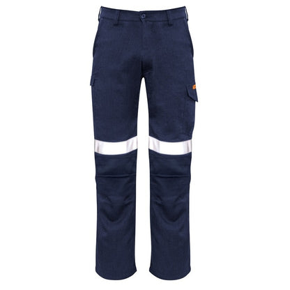Navy work pants with reflective stripes on a white background