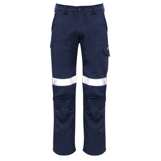 Navy work pants with reflective stripes on a white background
