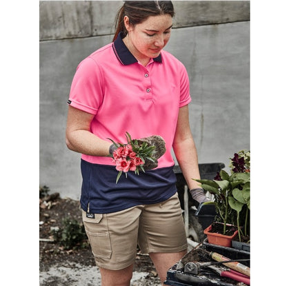 Syzmik ZS735 Women's Essential Work Stretch Cargo Khaki Shorts with Hi-vis Pink Work Shirt Gardening
