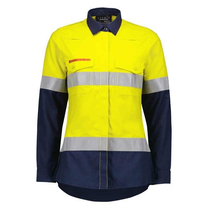 Syzmik ZW170 Womens Orange Flame Lightweight Ripstop Taped Shirt - Yellow/Navy - Alternative Front View