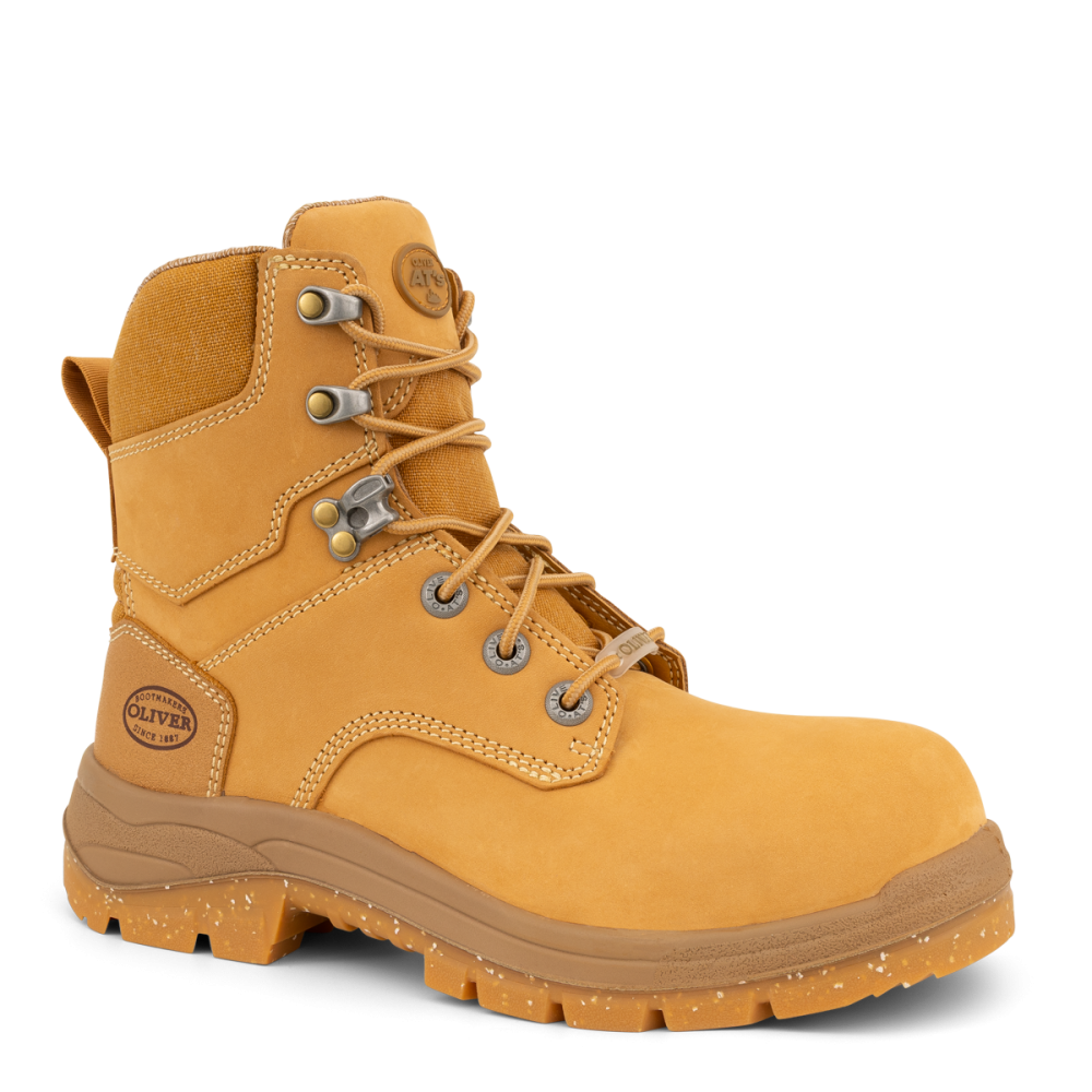 Yellow work boot with brand logo on a white background