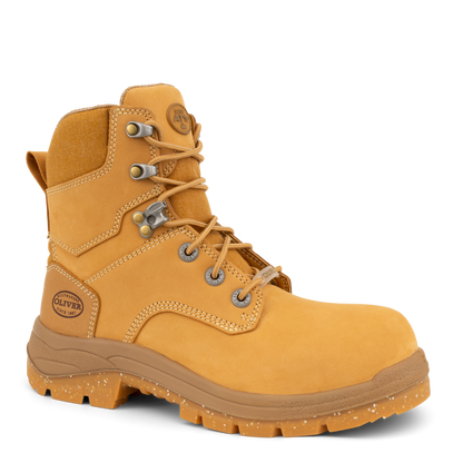 Yellow work boot with brand logo on a white background
