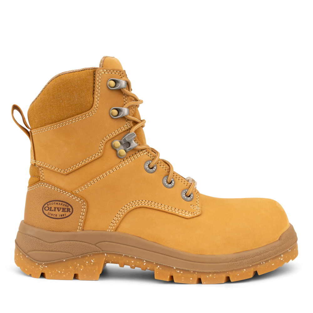 Yellow work boot with a visible brand logo on a white background