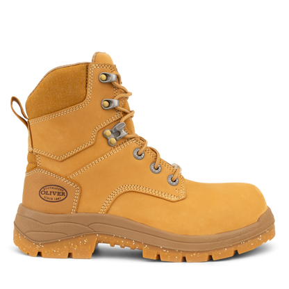 Yellow work boot with a visible brand logo on a white background
