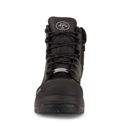 Black boot with brand logo on a white background