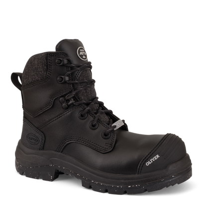 Black boot with brand logo on a white background