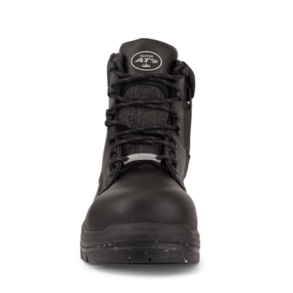 Black high-top boot with laces on a white background