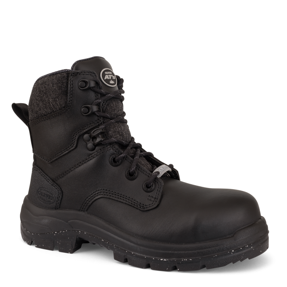 Black boot with a brand logo on a white background