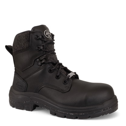 Black boot with a brand logo on a white background