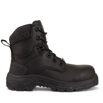 Black boot with a rugged sole on a white background