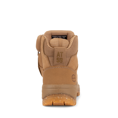 Tan boot with visible brand logo on a white background