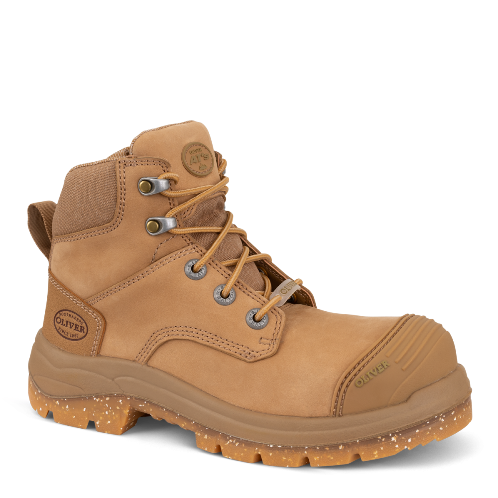 Brown work boot with visible brand logo on a white background