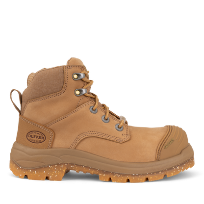 Brown work boot with visible brand logo on a white background