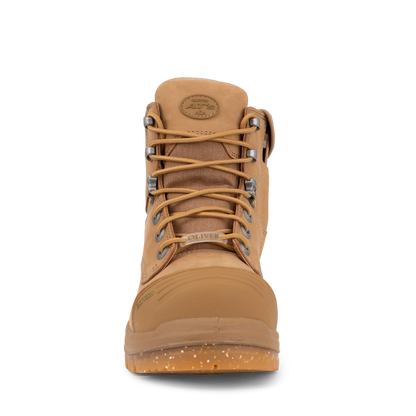 Tan hiking boot with laces on a white background
