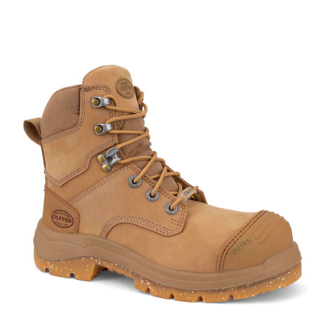 Brown work boot with visible brand logo on a white background
