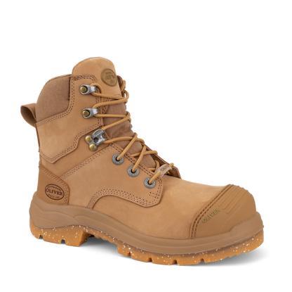 Brown work boot with visible brand logo on a white background